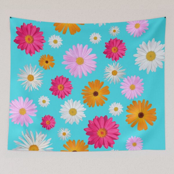 Item preview, Colorful Happy White Orange Pink Magenta Daisy Flowers Shapes on Cyan Mania Shapes Mania designed and sold by Shapes-Mania.