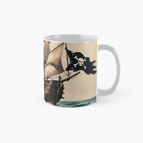 Artikelvorschau, Vintage-Illustration eines Piratenschiffs auf See mit Jolly-Roger-Flagge entworfen und verkauft von Jestersmodified.