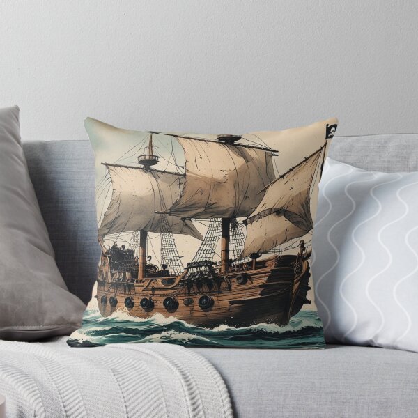 Item preview, Ilustración de un barco pirata vintage en el mar con la bandera Jolly Roger designed and sold by Jestersmodified.