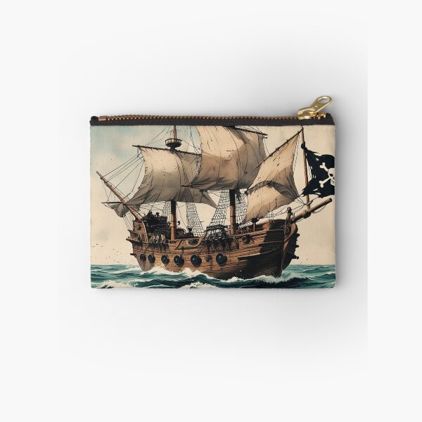 Item preview, Ilustración de un barco pirata vintage en el mar con la bandera Jolly Roger designed and sold by Jestersmodified.