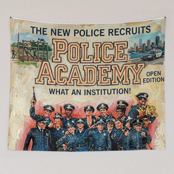 Item preview, What An Institution! Police Academy 1980s Retro Impasto Movie Poster designed and sold by Art's Diner.