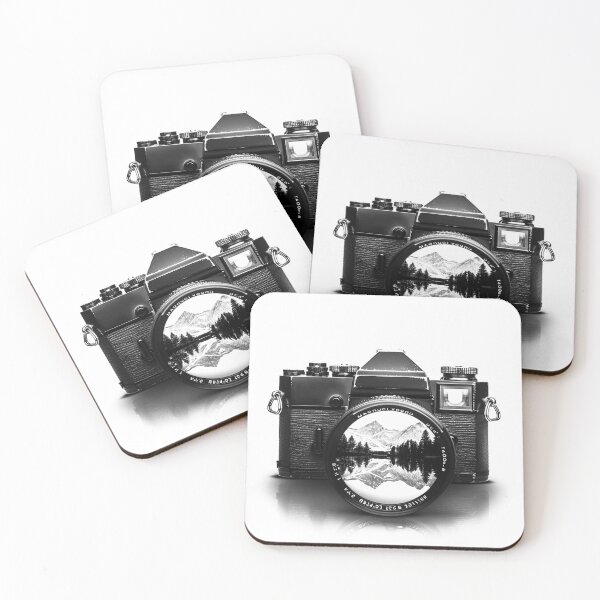 Item preview, Vintage Camera with Mountain Reflection Lens - Black and White Photography Art designed and sold by inkoutninja.