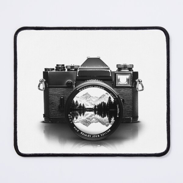 Item preview, Vintage Camera with Mountain Reflection Lens - Black and White Photography Art designed and sold by inkoutninja.