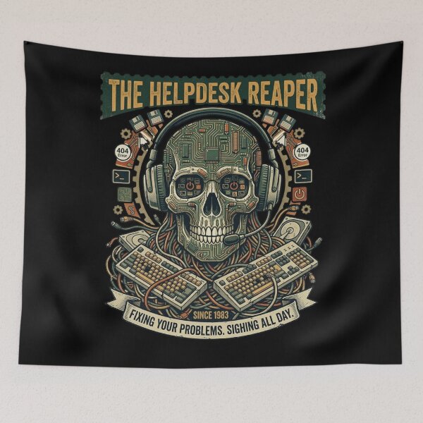 Item preview, Helpdesk Never Sleeps  Vintage IT Support Skull designed and sold by KurtByteStudio.