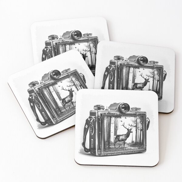 Item preview, Vintage Camera with Deer Forest Scene - Black and White Wildlife Photography Art designed and sold by inkoutninja.