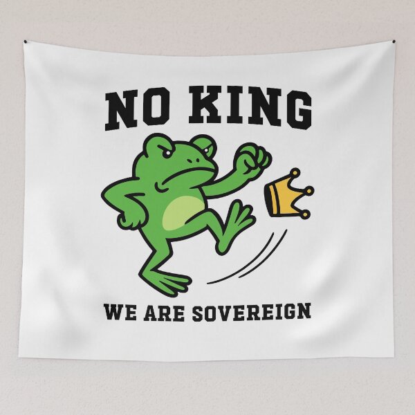 Item preview, No Kings March 2026 We Are Sovereign Funny Frog Kicking Crown Anti-Trump designed and sold by gunaone-design.