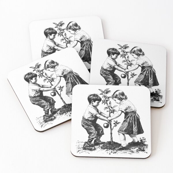 Item preview, Children Planting a Tree - Black and White Vintage Nature Art designed and sold by inkoutninja.