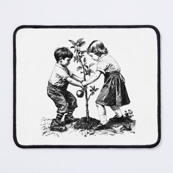 Item preview, Children Planting a Tree - Black and White Vintage Nature Art designed and sold by inkoutninja.