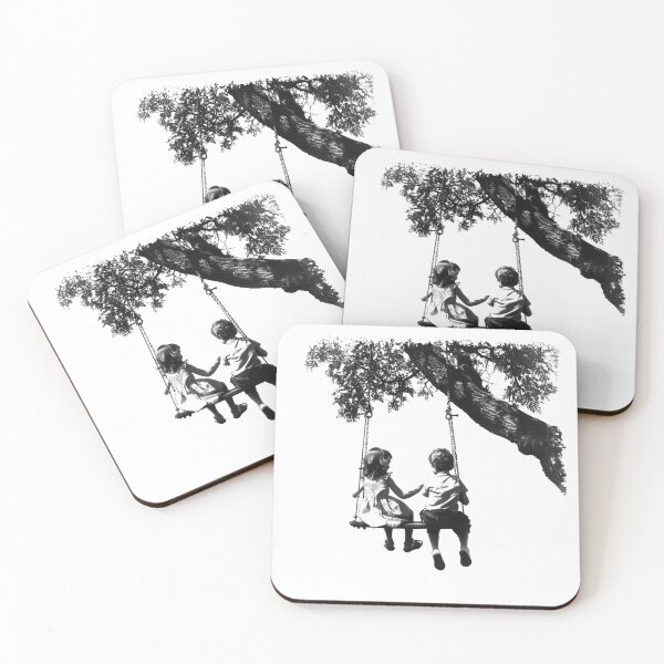 Item preview, Children on Tree Swing - Black and White Nostalgic Childhood Art designed and sold by inkoutninja.