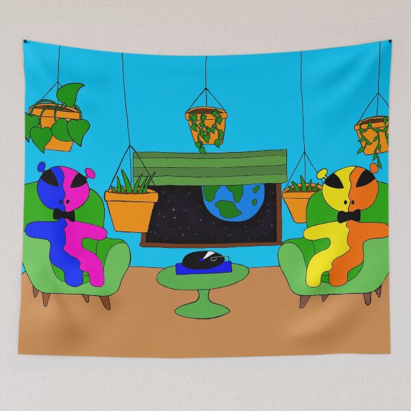 Item preview, Cozy Aliens Listening to Vinyl – Cute Sci-Fi Room with Plants and a View of Earth designed and sold by Aunty Riah Studios.