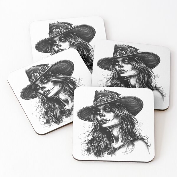 Item preview, Sugar Skull Woman in Rose Hat - Black and White Gothic Day of the Dead Art designed and sold by inkoutninja.