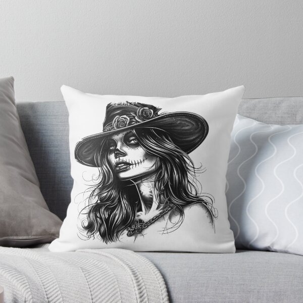 Item preview, Sugar Skull Woman in Rose Hat - Black and White Gothic Day of the Dead Art designed and sold by inkoutninja.