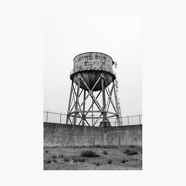 Item preview, Black and White Old, Abandoned Water Tower on Alcatraz Island designed and sold by vryandesigns.