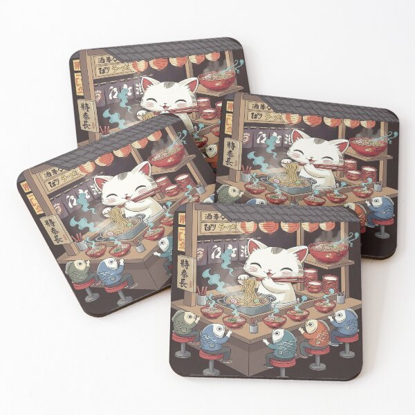 Item preview, Cute Cat Eating Ramen with Fish Customers designed and sold by ChiqueAvenue.