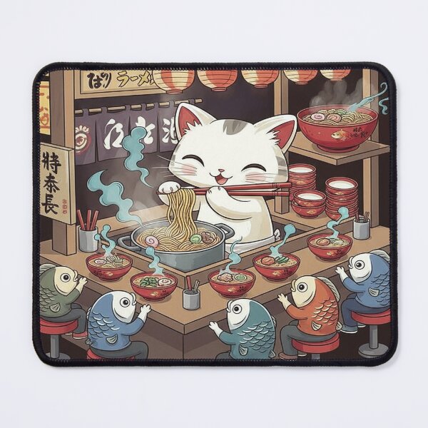 Item preview, Cute Cat Eating Ramen with Fish Customers designed and sold by ChiqueAvenue.