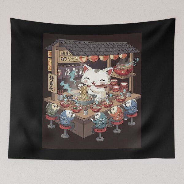 Item preview, Cute Cat Eating Ramen with Fish Customers designed and sold by ChiqueAvenue.