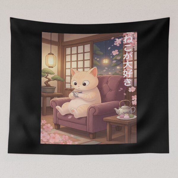 Item preview, Cat enjoying tea with cherry blossoms designed and sold by ChiqueAvenue.