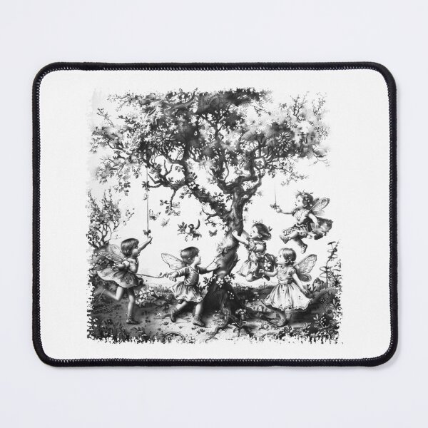 Item preview, Fairy Children Under Enchanted Tree - Black and White Whimsical Fantasy Art designed and sold by inkoutninja.