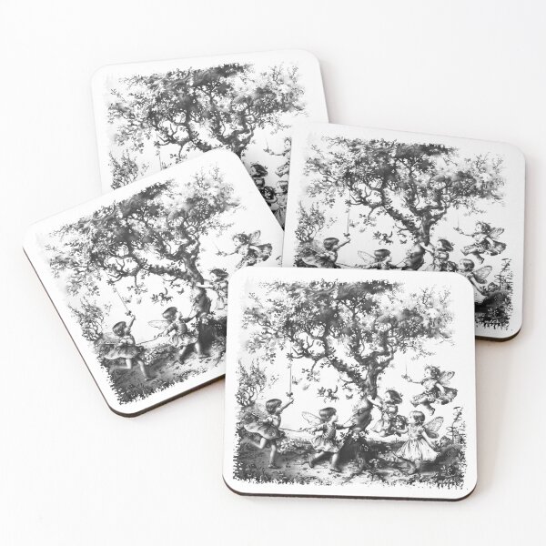 Item preview, Fairy Children Under Enchanted Tree - Black and White Whimsical Fantasy Art designed and sold by inkoutninja.