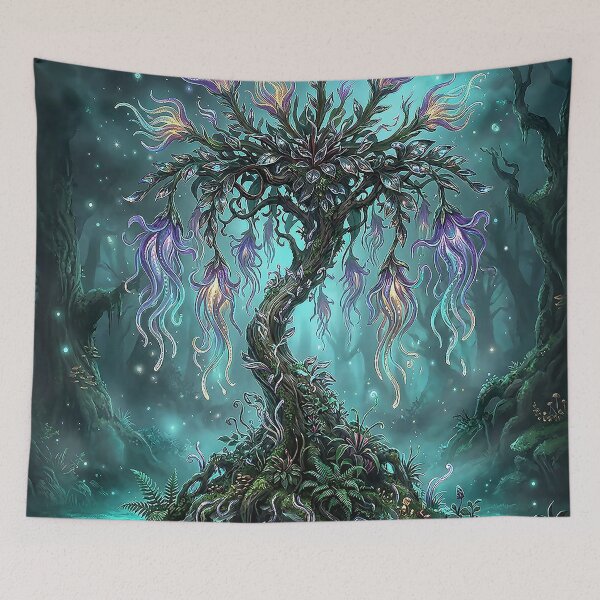 Item preview, Fantasy Forest Tree with Glowing Pitcher Blossoms designed and sold by Herzbaumatelier.