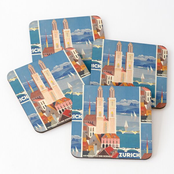 Item preview, Vintage Zurich Travel Poster | Art Deco Style | Grossmünster Church | Swiss Metropolis | Bold Colors & Geometric Design designed and sold by artofuniverse.