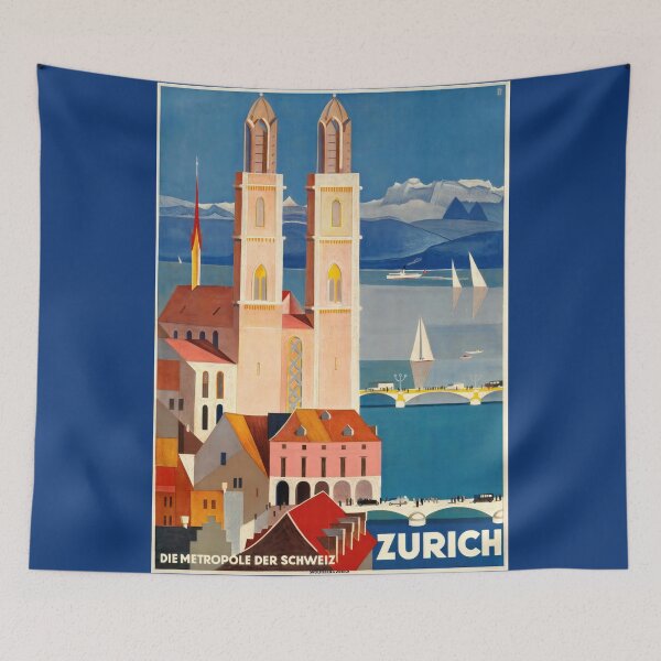 Item preview, Vintage Zurich Travel Poster | Art Deco Style | Grossmünster Church | Swiss Metropolis | Bold Colors & Geometric Design designed and sold by artofuniverse.