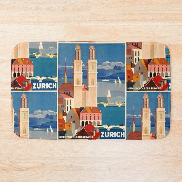 Item preview, Vintage Zurich Travel Poster | Art Deco Style | Grossmünster Church | Swiss Metropolis | Bold Colors & Geometric Design designed and sold by artofuniverse.