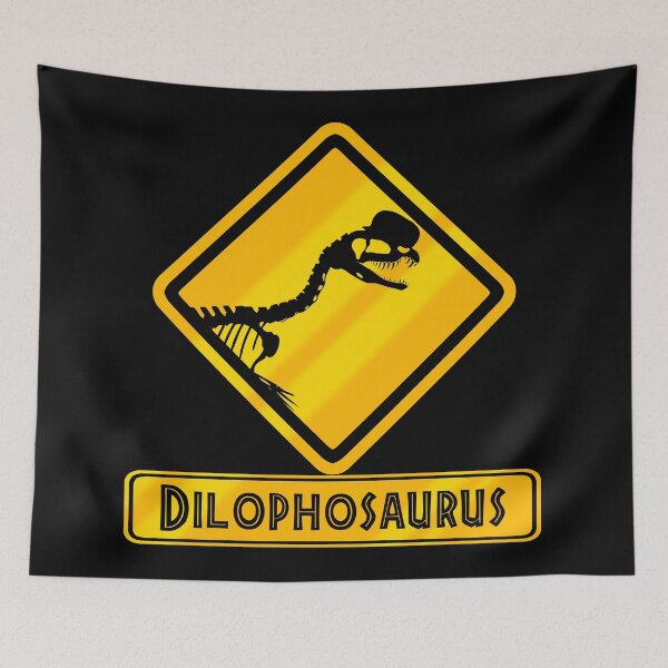 Aperçu de l'œuvre Panneau Attention Dilophosaurus – Design Dinosaure Style Signalisation créée et vendue par Grimtech Workshop.
