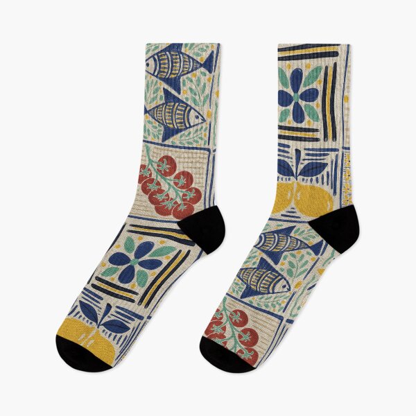 Item preview, Large scale of Mediterranean Tile Pattern with Lemons Sardines and Tomatoes designed and sold by DColourMuse.