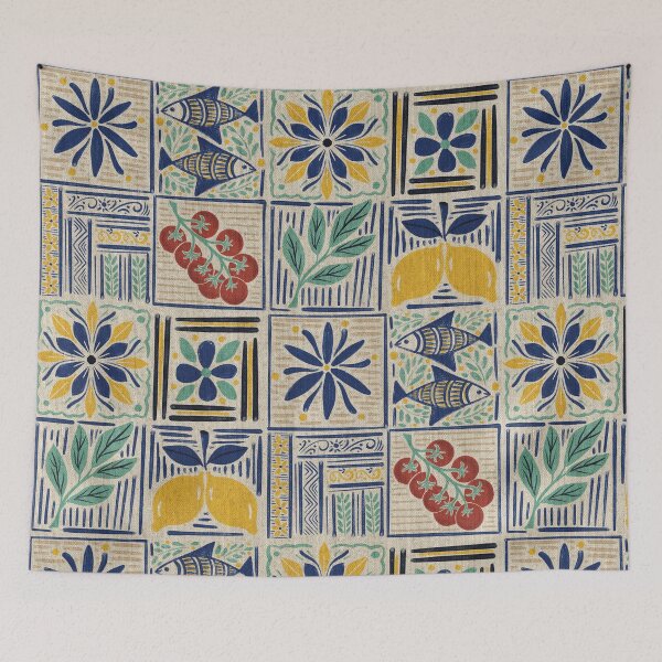 Item preview, Large scale of Mediterranean Tile Pattern with Lemons Sardines and Tomatoes designed and sold by DColourMuse.