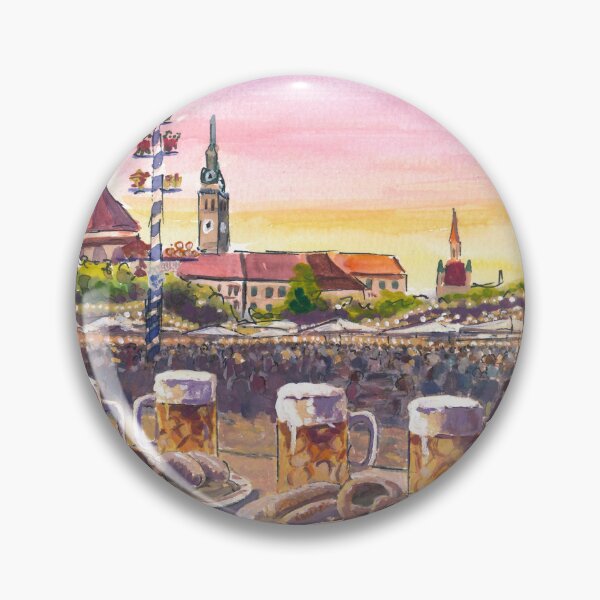Item preview, Munich Viktualienmarkt Beergarden Gemutlichkeit Travel Art with Historic Skyline designed and sold by artshop77.