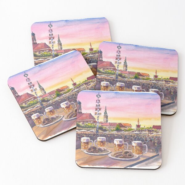 Item preview, Munich Viktualienmarkt Beergarden Gemutlichkeit Travel Art with Historic Skyline designed and sold by artshop77.
