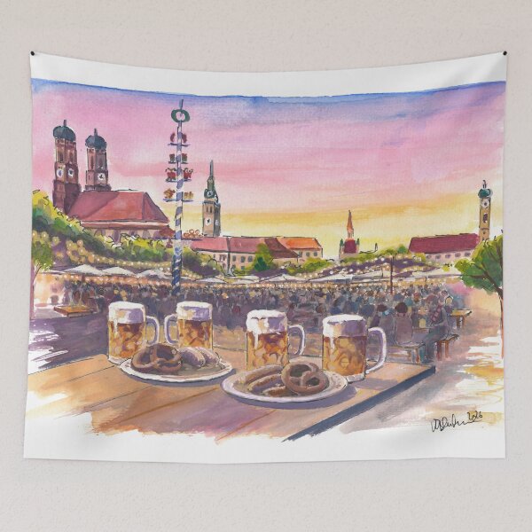 Item preview, Munich Viktualienmarkt Beergarden Gemutlichkeit Travel Art with Historic Skyline designed and sold by artshop77.