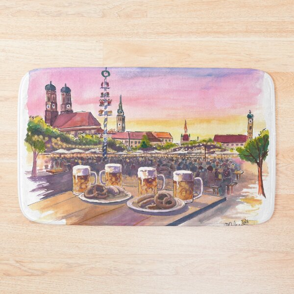 Item preview, Munich Viktualienmarkt Beergarden Gemutlichkeit Travel Art with Historic Skyline designed and sold by artshop77.