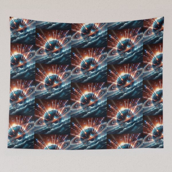 Item preview, Meteor Storm – Cosmic Cataclysm Over Ringed Planet designed and sold by Dogandesighn.
