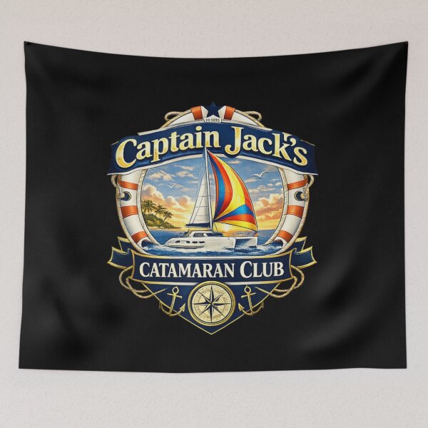 Item preview, Nautical Sailing Club Badge With Catamaran Boat At Sunset Tropical Island Art designed and sold by Taniyah Gomes.