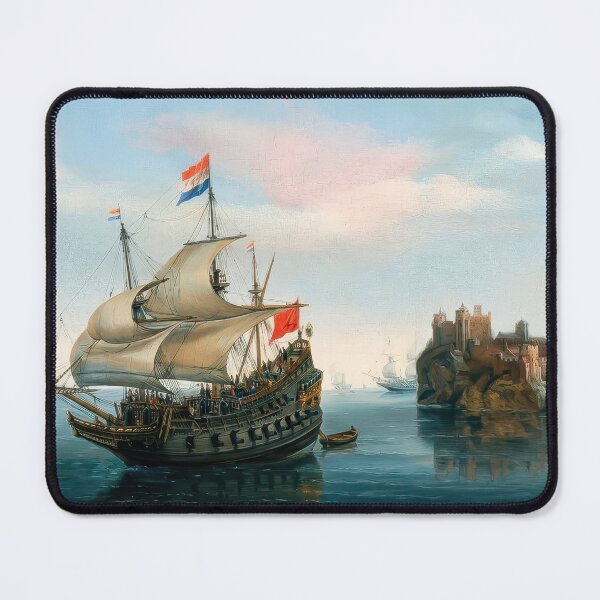 Item preview, Castle and Sailing Ship Calm Maritime Seascape Painting designed and sold by TheSoulOfArt.