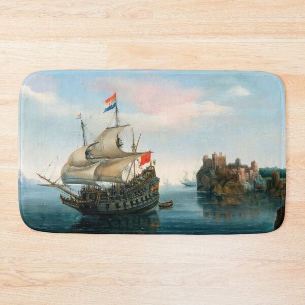 Item preview, Castle and Sailing Ship Calm Maritime Seascape Painting designed and sold by TheSoulOfArt.