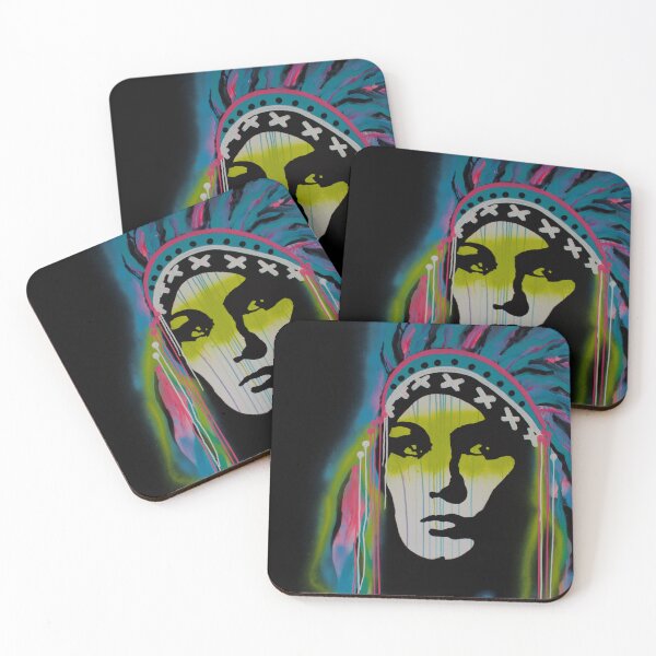 Item preview, Colourful Native American Portrait Yellow Stripe Blue Feather designed and sold by Karlena Lewin Studio.