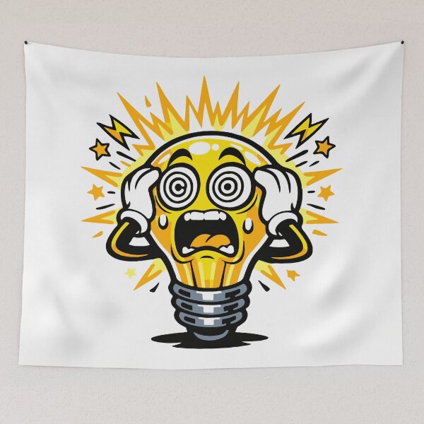 Item preview, An overheated light bulb character representing having too many ideas at once. The chaotic expression captures mental overload in a humorous and visual way. designed and sold by Dejbar.
