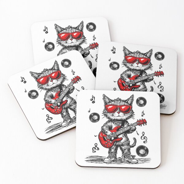 Item preview, Retro Rock Cat Guitarist in Red Sunglasses designed and sold by iPrintPaws.