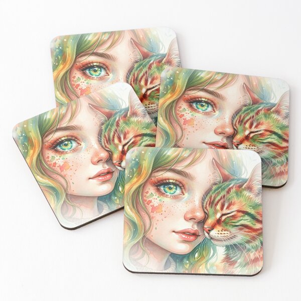 Item preview, Girl with cat, closeup portrait, multi-colored, artificial design designed and sold by wizard-work.