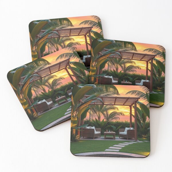 Item preview, Tropical Backyard Oasis with Koi Pond Sunset designed and sold by Jade Ado.
