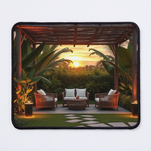 Item preview, Tropical Sunset Patio with Koi Pond View designed and sold by Jade Ado.
