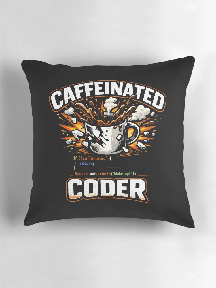 Thumbnail 3 of 4, Pillow, Caffeinated Coder Caffeine Java Coder designed and sold by SplashTastic.