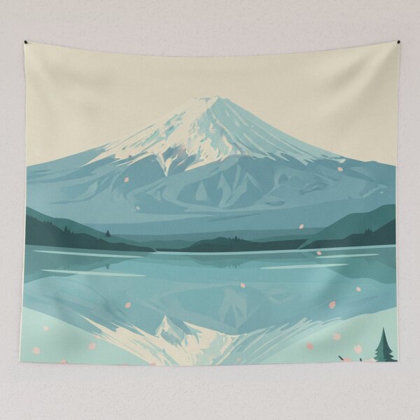 Item preview, Vintage poster of Mount Fuji and Lake Kawaguchi in minimalist Japanese style designed and sold by HeyHas.