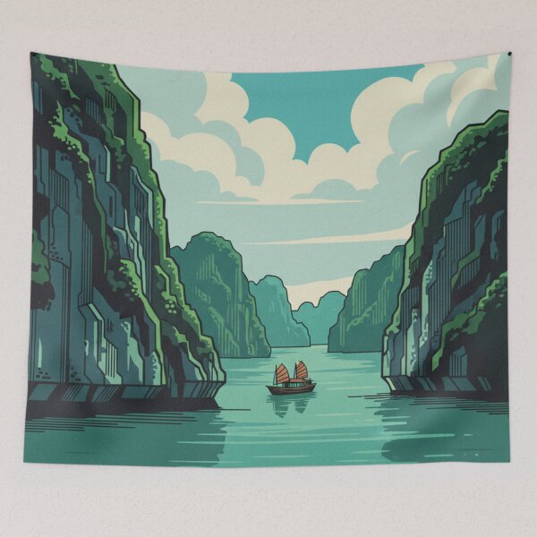 Item preview, Artistic poster of Ha Long Bay in minimalist retro travel style designed and sold by HeyHas.
