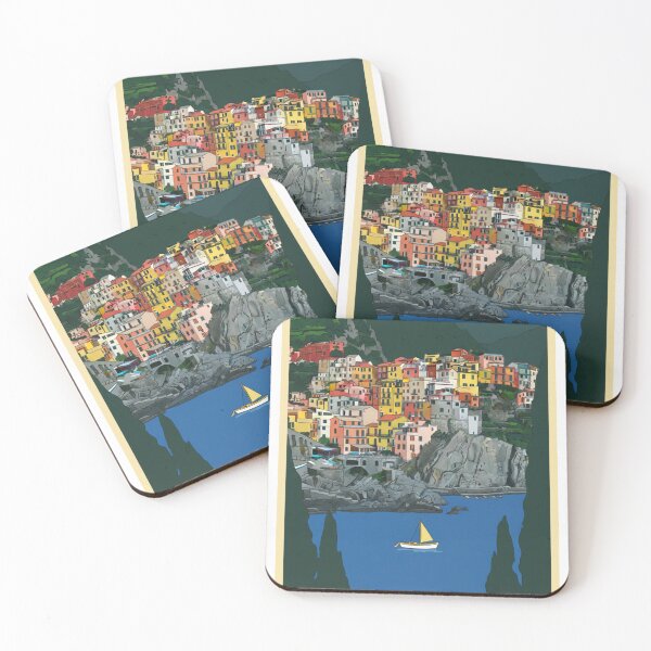 Item preview, Vintage poster of Cinque Terre with colorful Italian villages designed and sold by HeyHas.