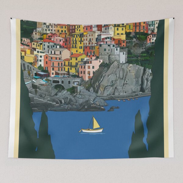 Item preview, Vintage poster of Cinque Terre with colorful Italian villages designed and sold by HeyHas.