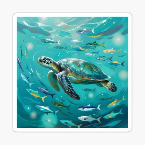 Turtle and Fish in Turquoise Sea Sticker